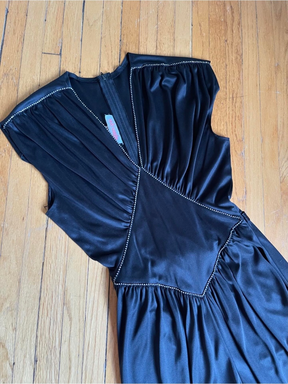 Vintage Vicky Vaughn Black Satin Rhinestone Jumpsuit 80s Glam - Picture 4 of 7